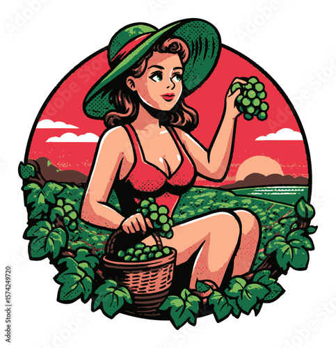 Vintage Cartoon Character Picking Grapes with Basket and Green Hat