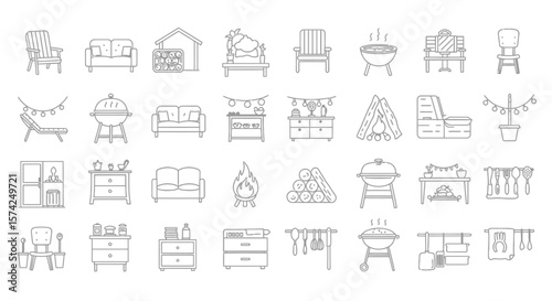 A collection of outlined icons depicting furniture, outdoor elements, and home decor items arranged in rows.