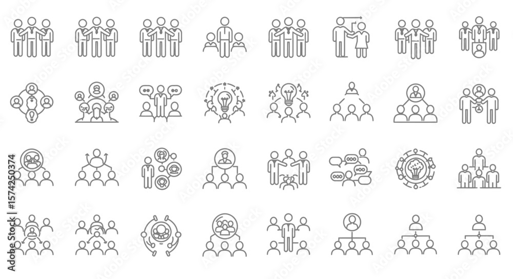 Fototapeta premium Collection of minimalist line art icons representing teamwork and collaboration concepts.