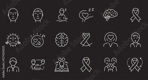 A collection of minimalist line icons depicting mental wellness, mindfulness, and self-care practices.