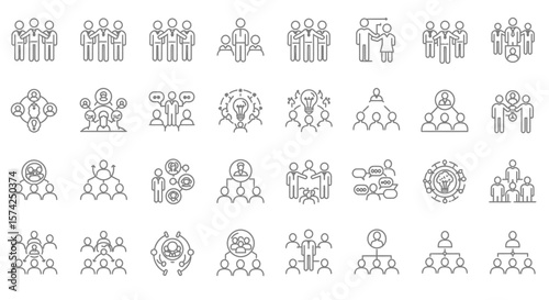 Collection of minimalist line art icons representing teamwork and collaboration concepts.