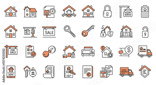 A collection of flat line art icons related to real estate, home buying, selling, security, and moving services.