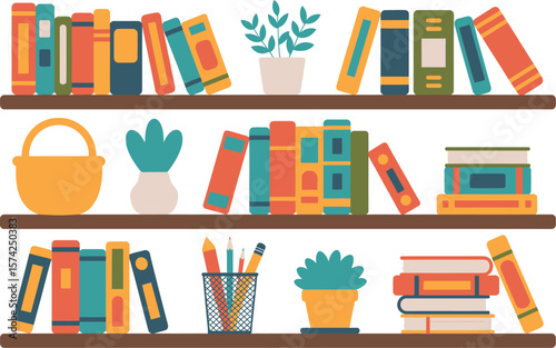 Illustration of three bookshelves filled with books plants and a basket in a flat style


