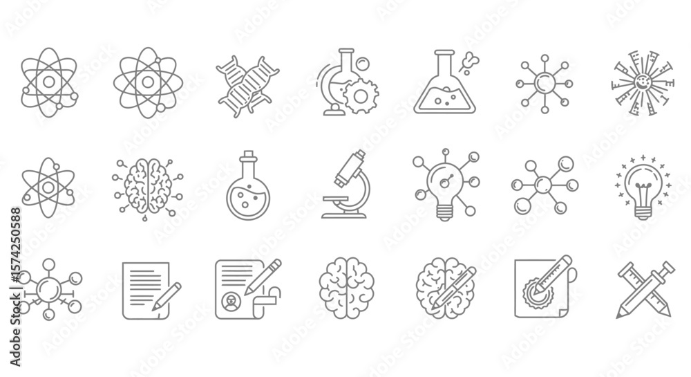 Fototapeta premium Collection of science and technology icons, including atoms, DNA, beakers, microscopes, brains, and lightbulbs, depicted in a line art style.