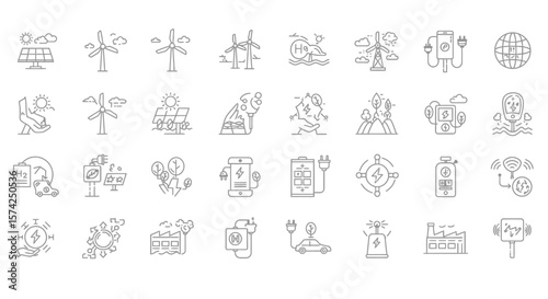 Collection of line art icons depicting renewable energy sources and sustainable practices.