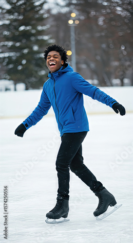 Joyful young adult African American man ice skating outdoors in winter park