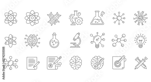 Collection of science and technology icons, including atoms, DNA, beakers, microscopes, brains, and lightbulbs, depicted in a line art style.