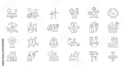 Collection of linear illustrations depicting various renewable energy sources and sustainable transportation methods.
