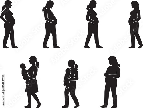 Motherhood Silhouette Icon Set – Pregnancy & Baby Holding Poses for Maternity and Family Care Design