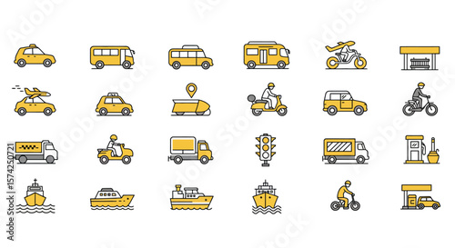 Collection of transportation icons including cars, buses, trucks, motorcycles, boats, and gas stations in a flat design style.