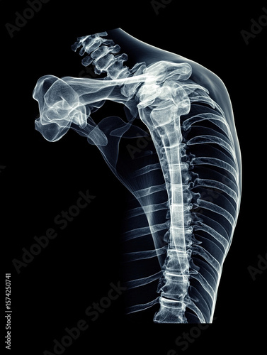 Detailed X-Ray Image of Spine and Shoulder Bones on Black Background
