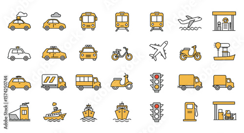 Collection of various transportation icons in a grid format, including cars, buses, trains, planes, motorcycles, and more.