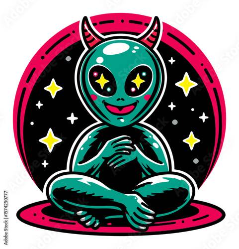 Cartoon alien character with colorful eyes and playful expression illustration