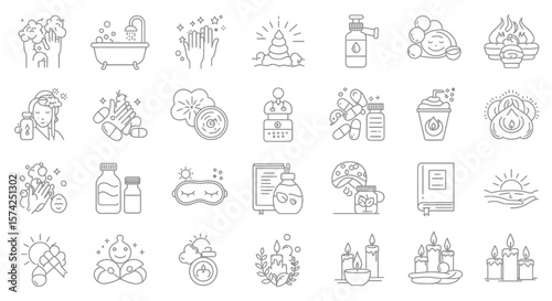 Collection of simple line art icons representing various wellness and self-care activities.