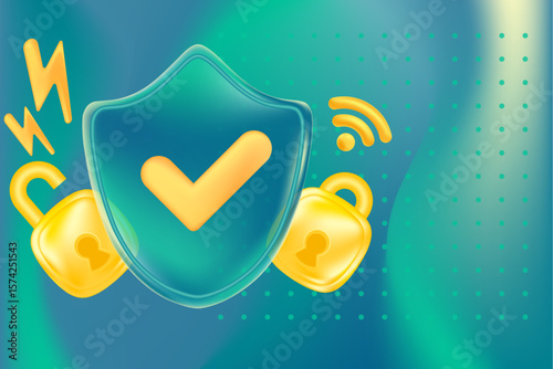 Abstract 3D glass security shield with check mark icon, locked, unlocked padlock icon. Futuristic cyber data protection control, emerald blurred gradient background with copy space. Digital security.