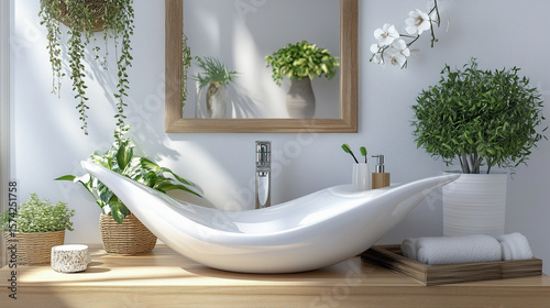 Modern bathroom featuring sleek, white sink surrounded by lush greenery and elegant decor, creating serene atmosphere