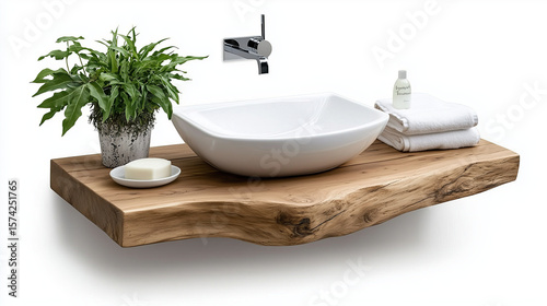 Modern bathroom design features sleek wooden countertop with white vessel sink, accompanied by neatly arranged towels and potted plant