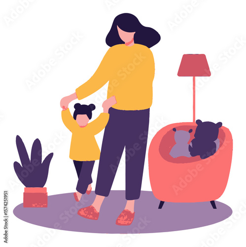 Happy Parent Playing with Child in Colorful Living Room Scene