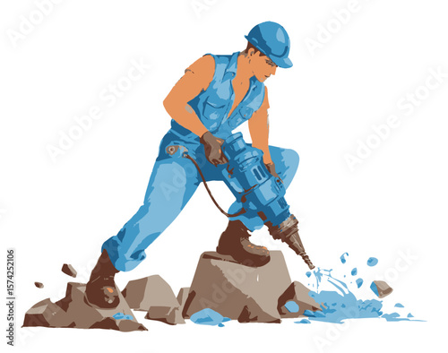 Construction Worker Using Jackhammer in Cartoon Vector Style