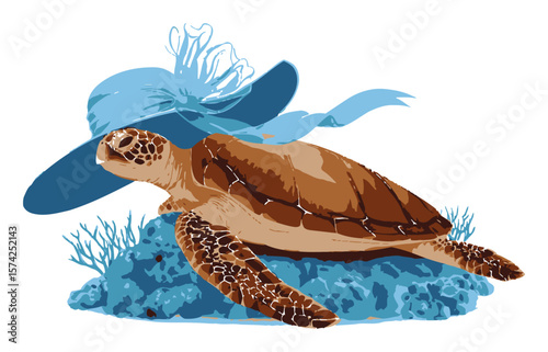 Cartoon Turtle with Stylish Hat and Coral in Vector Art Style