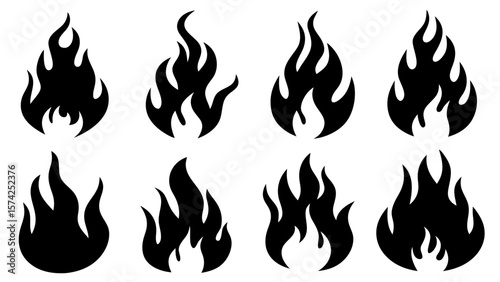 Set of fire flame vector icons in various shapes. Isolated on transparent background, perfect for warning signs, energy, heat, danger, and graphic design use.