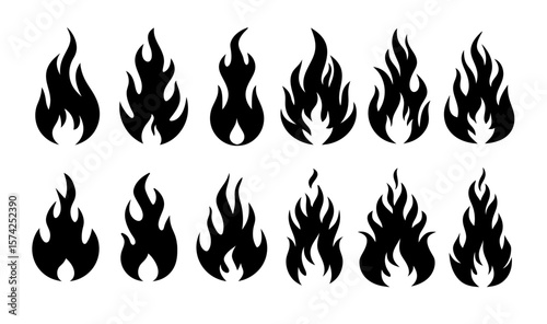 Set of fire flame vector icons in various shapes. Isolated on transparent background, perfect for warning signs, energy, heat, danger, and graphic design use.
