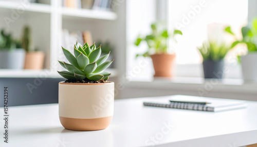A small succulent plant sits in a pot on a white table, with other plants and a notebook in the background.
