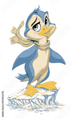 Adorable Hand-Drawn Vector Penguin Character with Scarf and Snowy Base