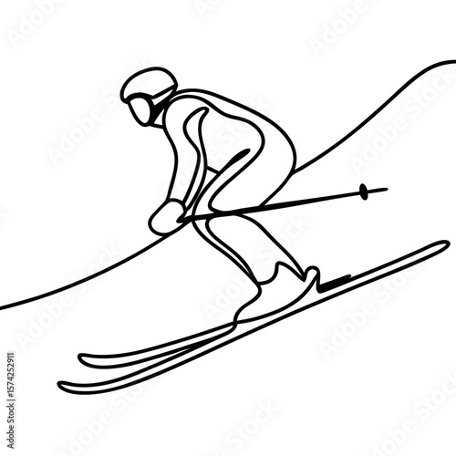 Skier speeding down hill with continuous one line art drawing of alpine skier racing downhill. Skier speeding down hill shows athlete in motion, rendered with minimalism and flowing lines.