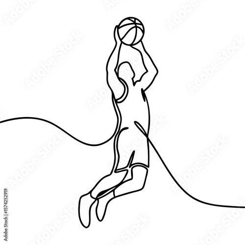 Basketball player jumping in simple line art, showcasing athletic skill and motion. Dynamic basketball player jumping illustrates strength and agility. Minimalist design.