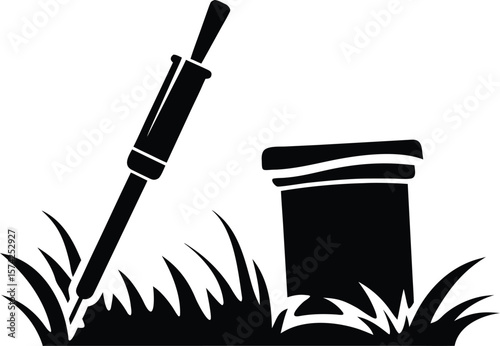 Garden Trowel and Plant Pot Silhouette in Grass – Minimal Gardening Icon