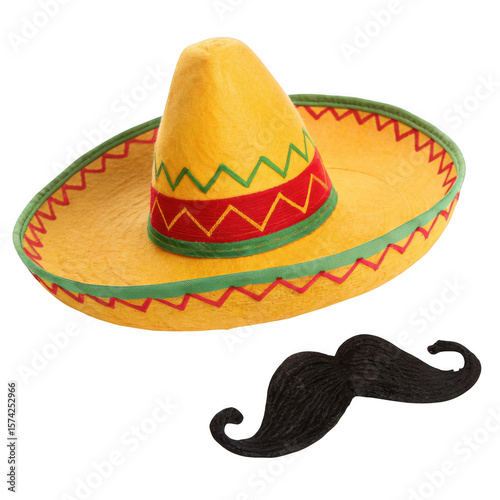 Traditional mexican sombrero and fake mustache fiesta accessories isolated on transparent background