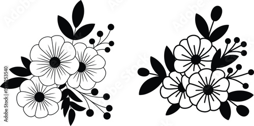 Elegant Floral Corner Bouquets: Stylish Black & White Botanical Ornaments.