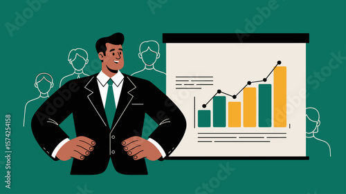 confident businessman presenting a successful growth chart, vector illustration for statistical reporting, presenting findings and corporate performance