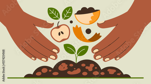 hands composting organic waste to enrich soil for a new plant, vector illustration for soil health, the composting cycle and sustainable gardening
