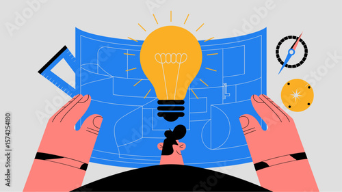architect's hands holding a blueprint with a lightbulb idea, vector illustration for an architect's idea, blueprint for innovation and strategic project planning