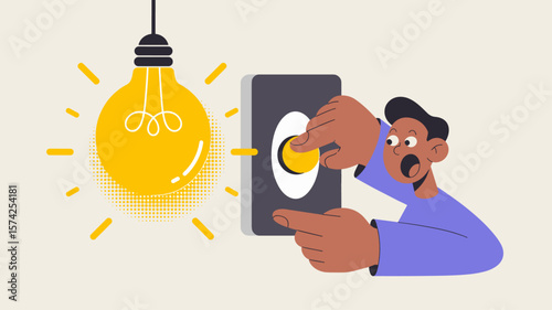 surprised person flipping a switch to turn on a lightbulb, vector illustration for the aha moment of discovery, sudden inspiration and a creative breakthrough