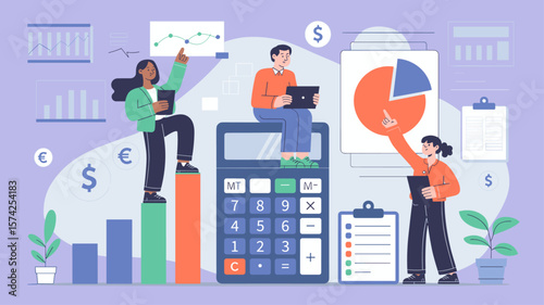 team of accountants analyzing data on a giant calculator, vector illustration for team collaboration in financial planning, business accounting and corporate data analysis