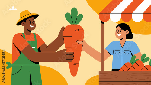 farmer selling a large carrot to a customer at a market stall, vector illustration for supporting local farmers' markets, farm-to-table commerce and healthy organic food