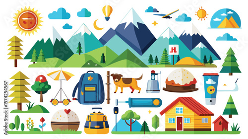Mountain Adventure Camping, Hiking & Nature Exploration Icons