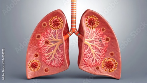 measles 3D illustration of human lungs showcasing the bronchial structure and alveoli with visual representations of cells.