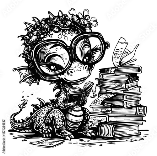 Cute Dragon Reading Books with Large Glasses and Bookshelf Illustration