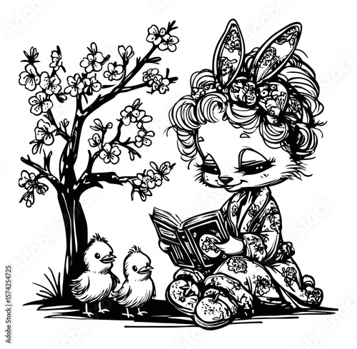 Cute Bunny Reading Under Tree with Chicks in Blossom Design Illustration
