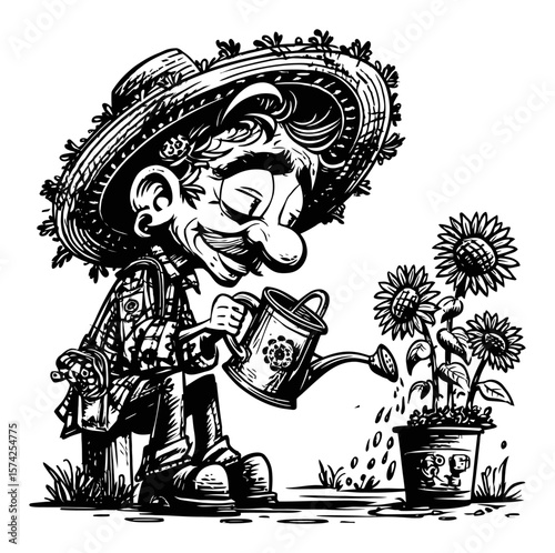 Whimsical Gardener Watering Sunflowers in Vintage Vector Illustration