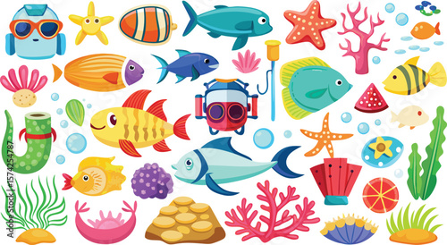 Vibrant Underwater World Colorful Fish, Coral Reefs, and Ocean Life Illustrations