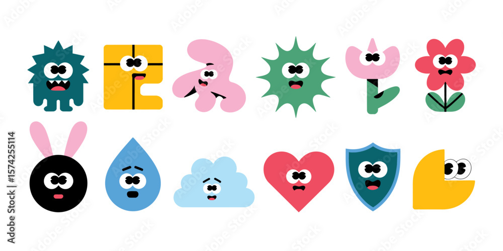 Fototapeta premium Playful Shapes' Expressions: A delightful array of animated shape creatures bursts with cheerful faces and unique, expressive characters against a minimalistic background, igniting imagination.