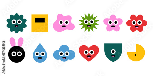 Cheerful Graphic Shapes: A vibrant, digitally-crafted arrangement of various adorable cartoon shapes, each with its own distinct personality and charm, filling a bright and engaging layout.