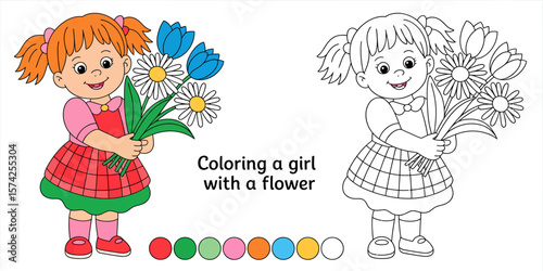 Girl and Floral Bouquet: A charming illustration of a young girl holding a beautiful bouquet of colorful flowers, her face alight with innocent joy.