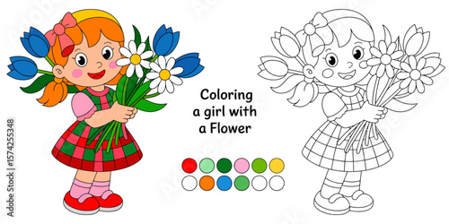 A Little Girl and the flower: a colorful girl with a bright dress holding bouquet of flower, the scene full of child's joy.