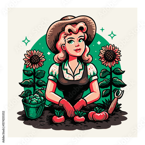 Vibrant Cartoon Gardener Cultivating Plants with Sunflowers and Tools